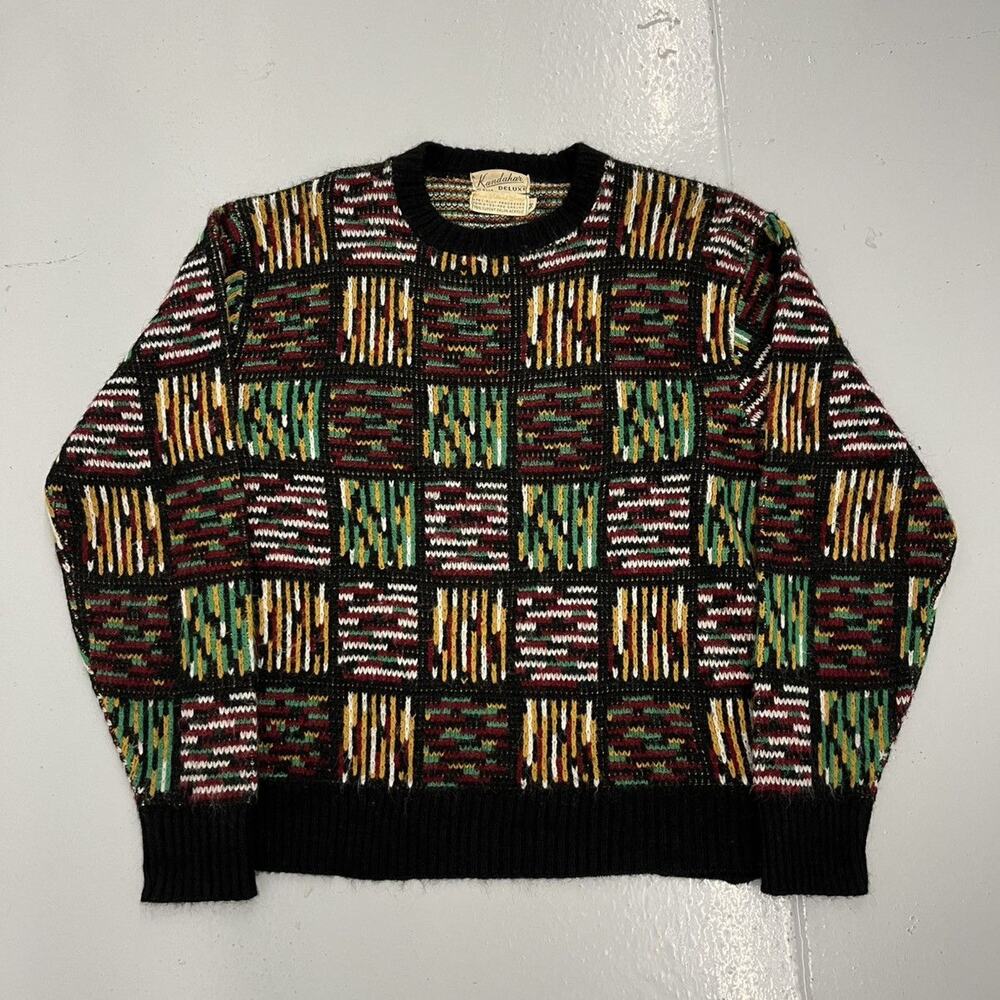 Vintage 60s Kandahar Deluxe Black Geometric Pattern Sweater